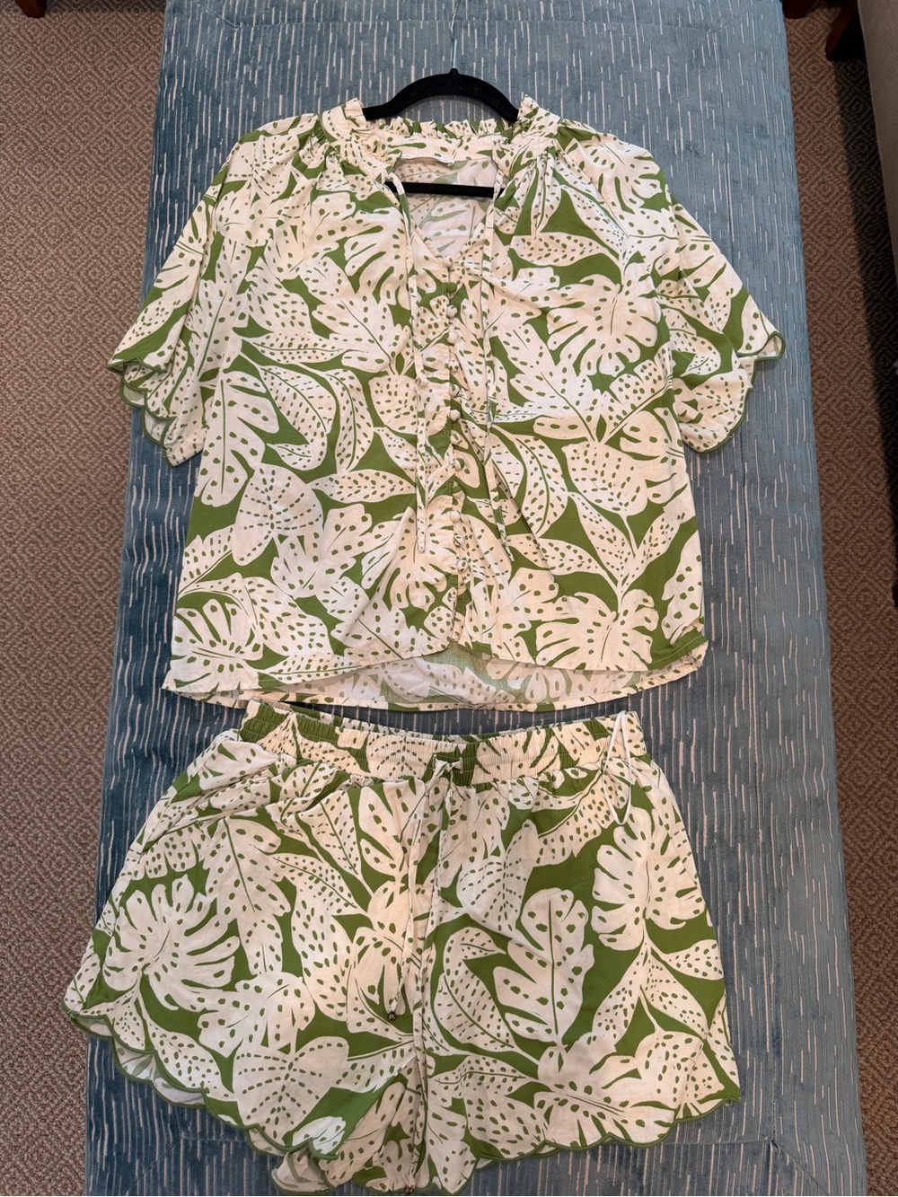 Karlie Green and White Tropical Ruffle Front Blouse